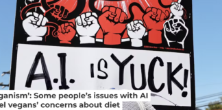 Ethical concerns – like the mistreatment of content creators decried by this protester – drive both veganism and resistance to using AI. Mario Tama/Getty Images